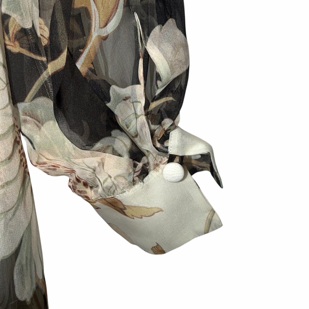Oscar de la Renta Black Cream Midi Dress Silk Floral Tie Neck 6 Formal Wedding - Picture 13 of 15